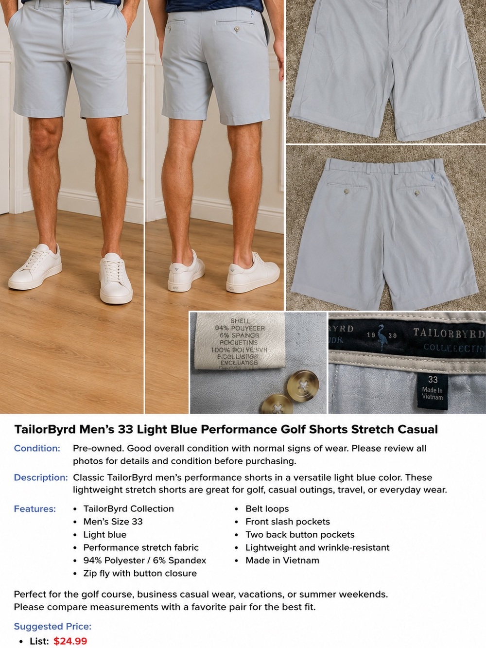 Tailorbyrd Light Blue Men’s Flat Front Performance Shorts